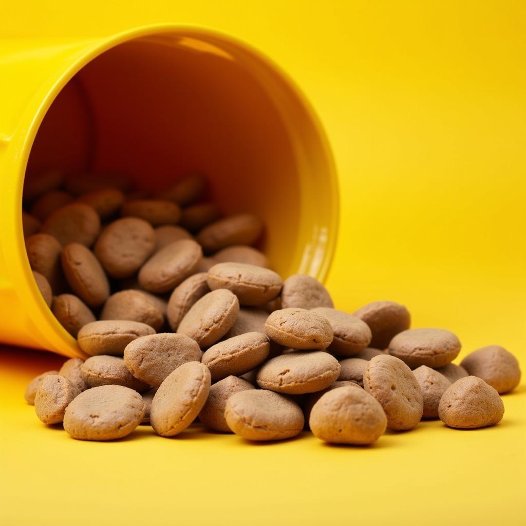 Close up of kibble pouring from a yellow dog food bag