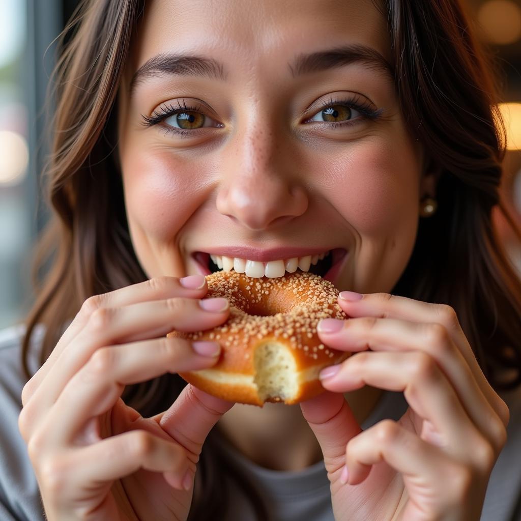 A happy customer enjoying a Yoder's donut.