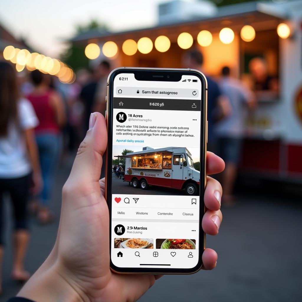 Checking the 18 Acres food truck location updates on a mobile phone's social media app.