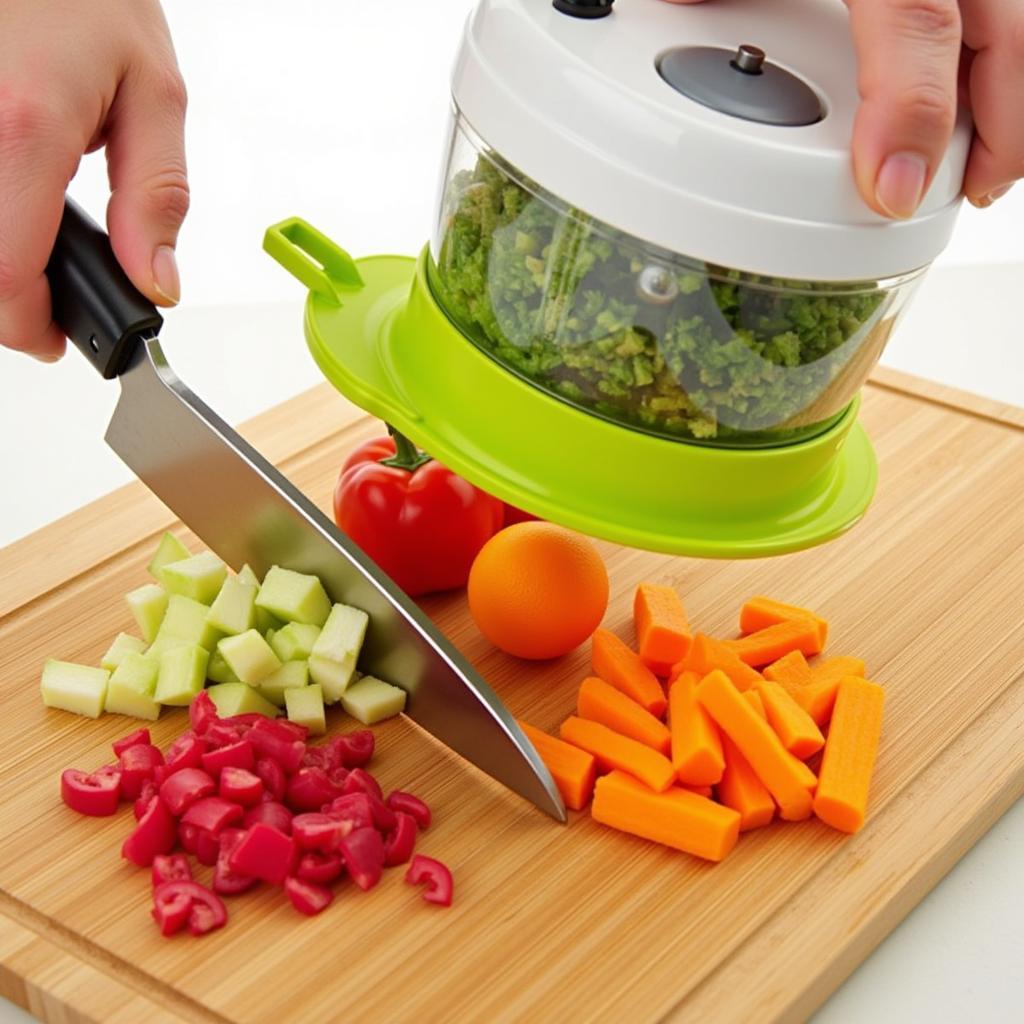 3-in-1 food processor chopping various vegetables like carrots, onions, and peppers.