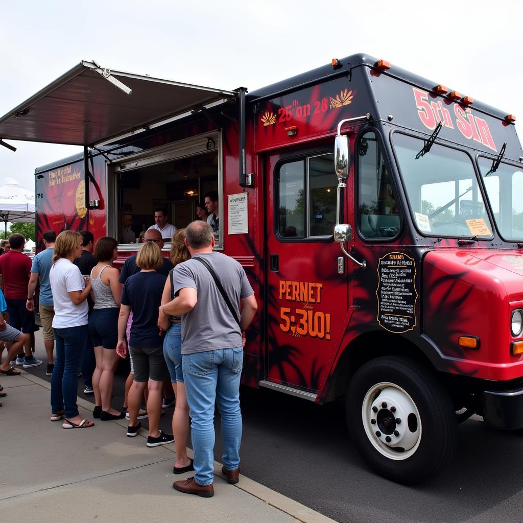 The exterior of the vibrant and eye-catching 5th Sin food truck, parked at a bustling event with a line of eager customers.