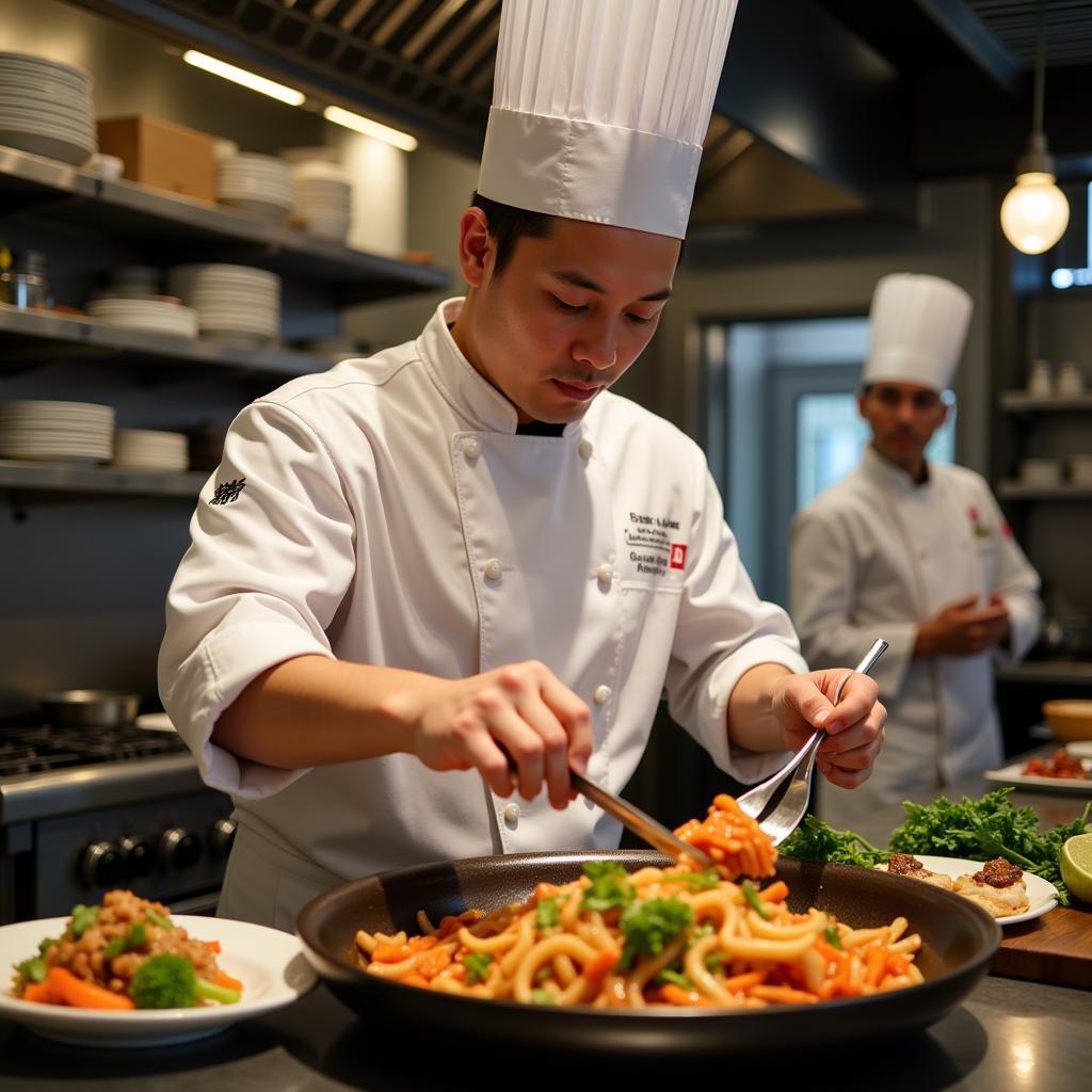 A chef expertly preparing a Chinese dish in a 5th Street kitchen