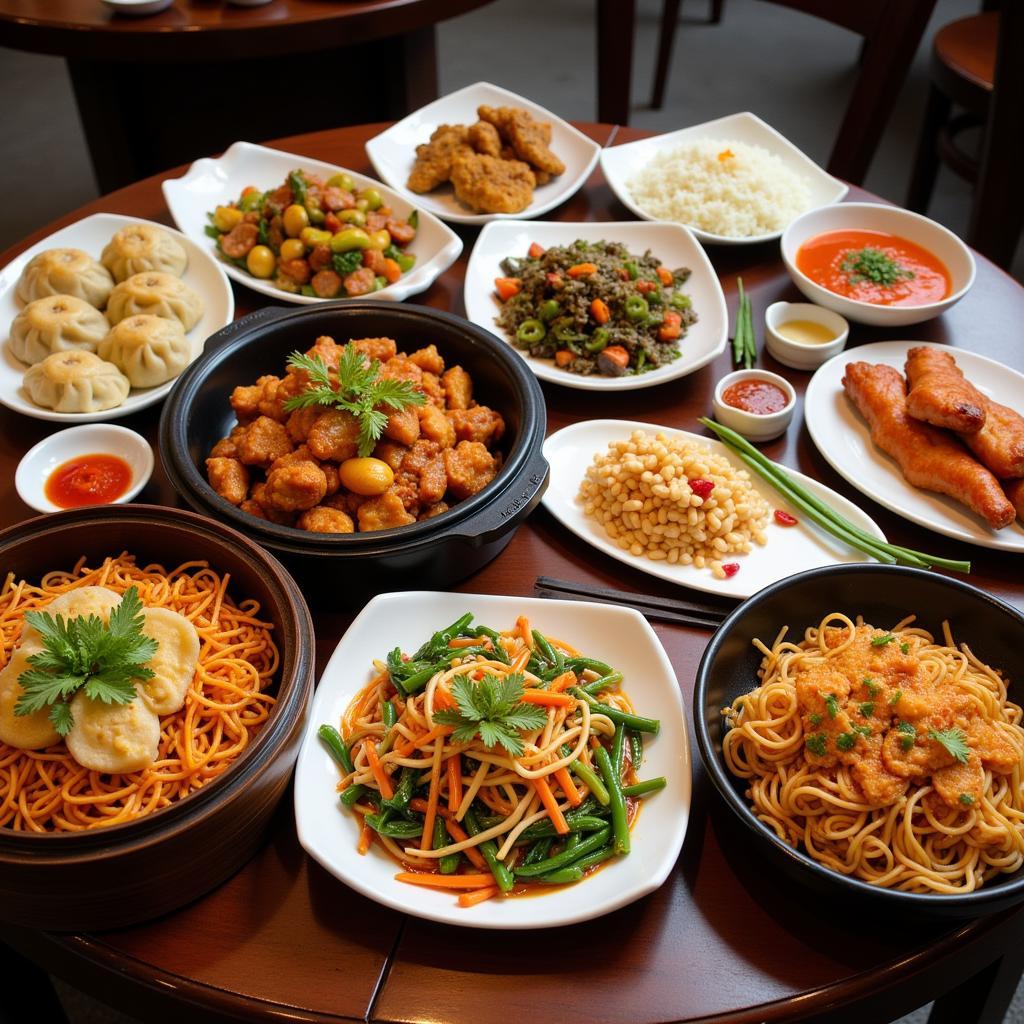 A table filled with various Chinese dishes on 5th Street