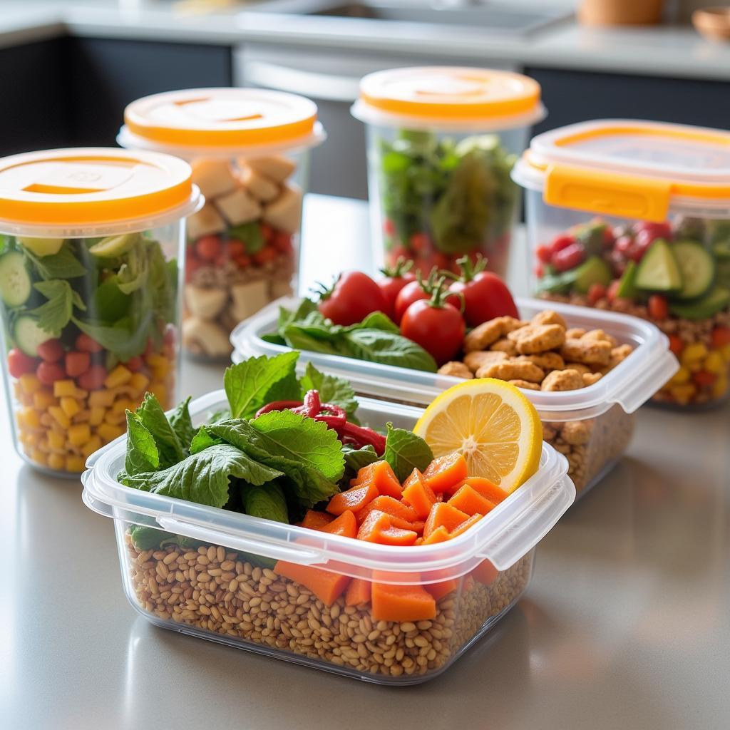 Meal prepping with various 6 qt food storage containers filled with colorful, healthy meals.