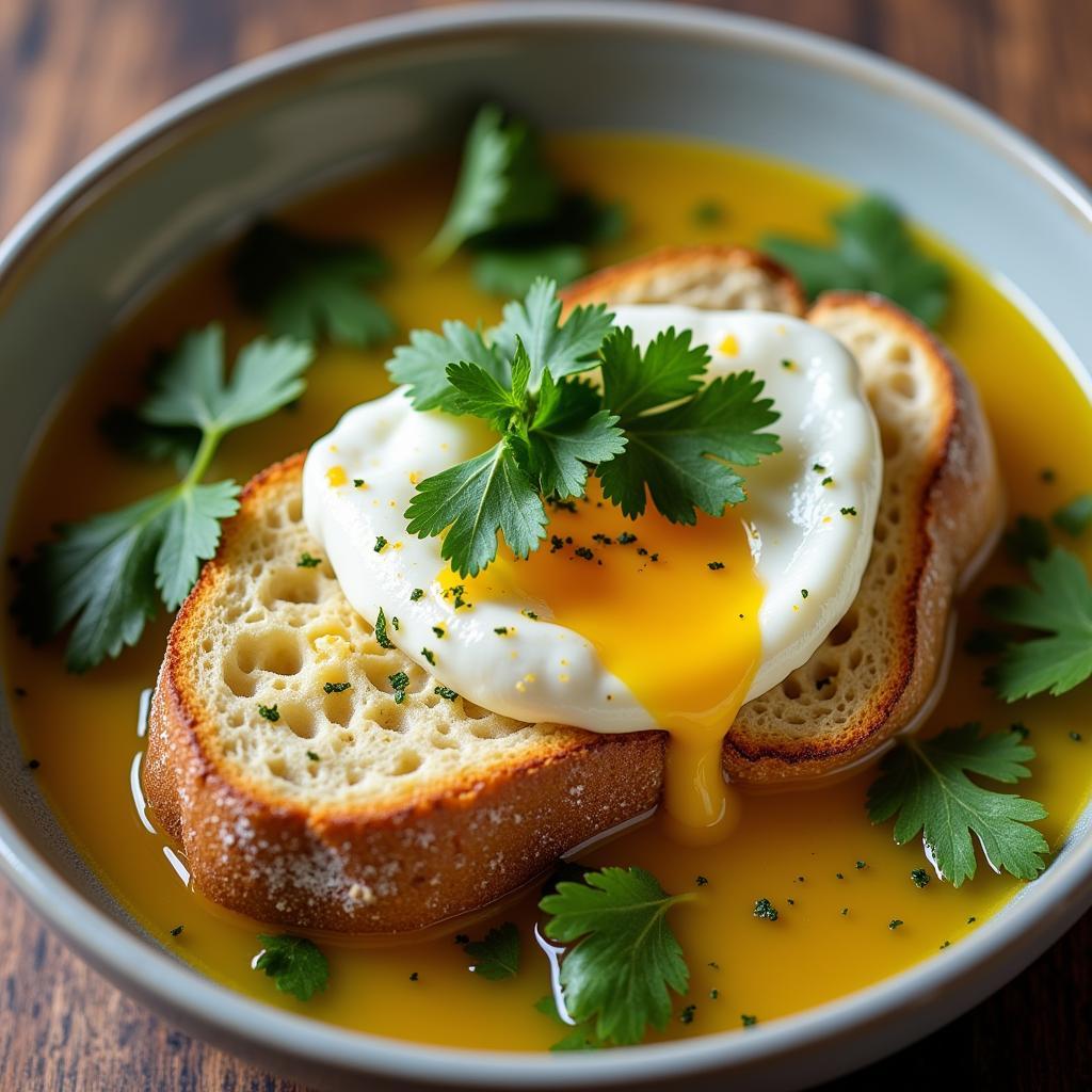 Acorda, Portuguese Garlic Soup, with bread, cilantro, poached egg, and olive oil