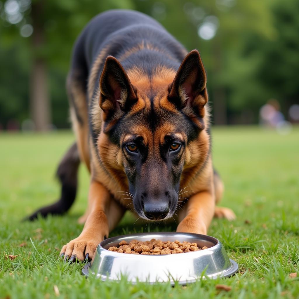 An adult German Shepherd enjoying a meal of lifestage dog food.