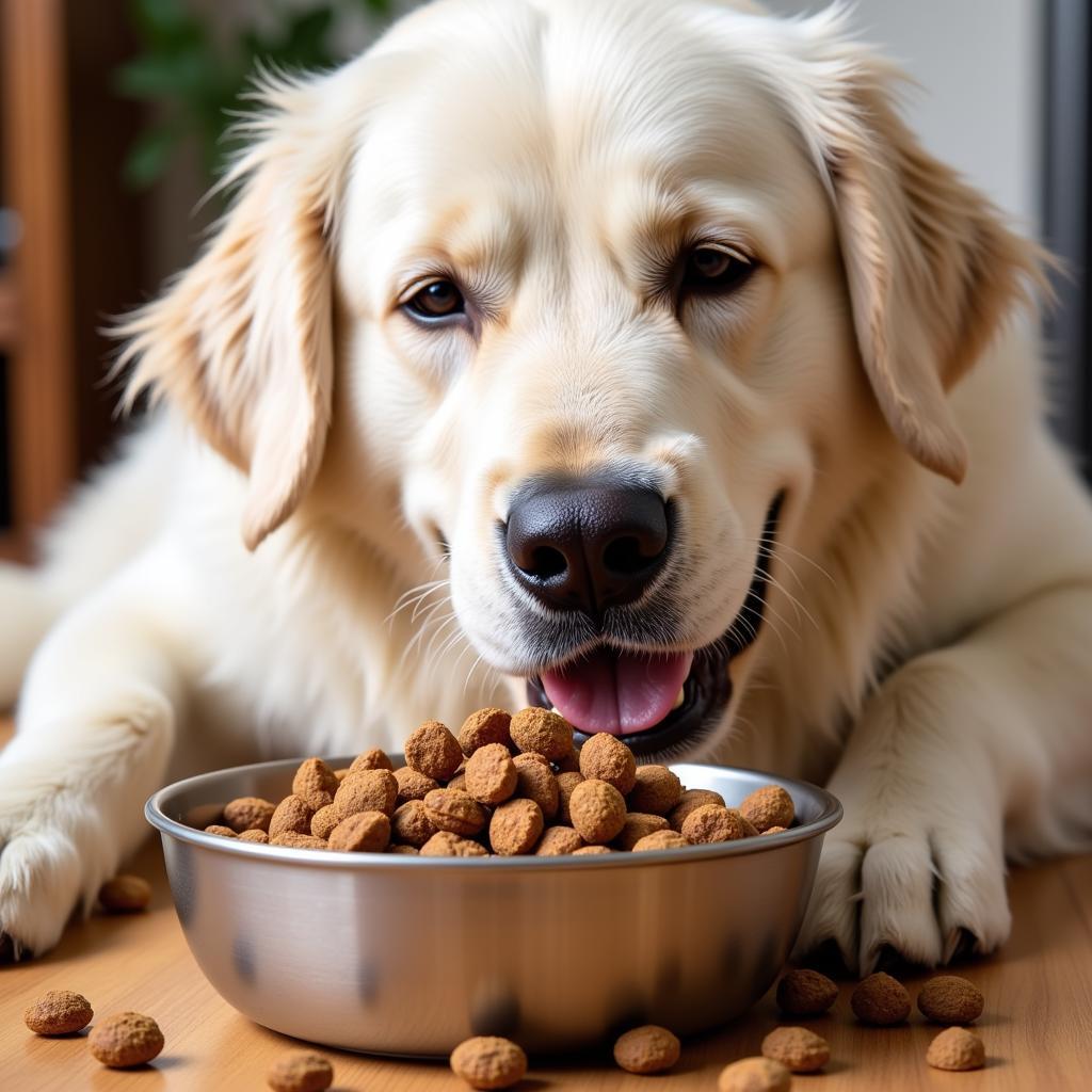 Adult Great Pyrenees enjoying kibble