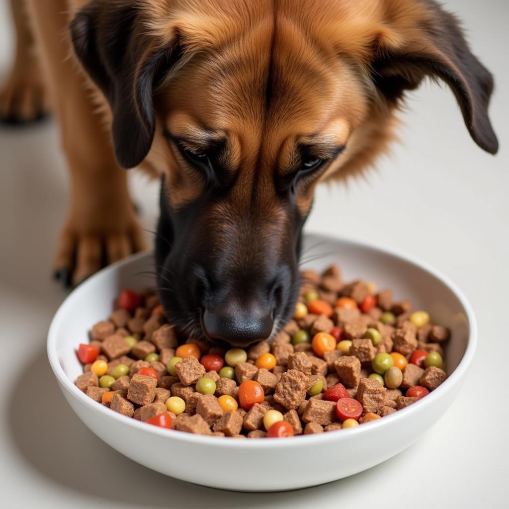 Air Dried Dog Food for Large Breeds: A close-up of a large dog enjoying a bowl of air-dried dog food.