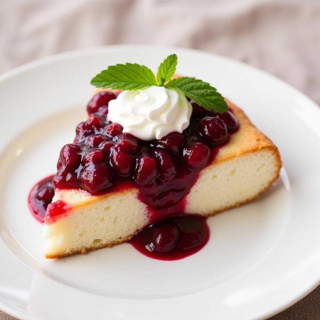 A beautifully plated slice of angel food cake with cherry pie filling, garnished with whipped cream and fresh mint.