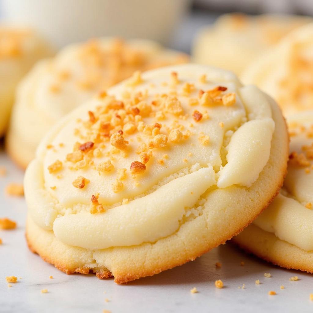 Close-up of angel food cake cookies with toasted coconut flakes.