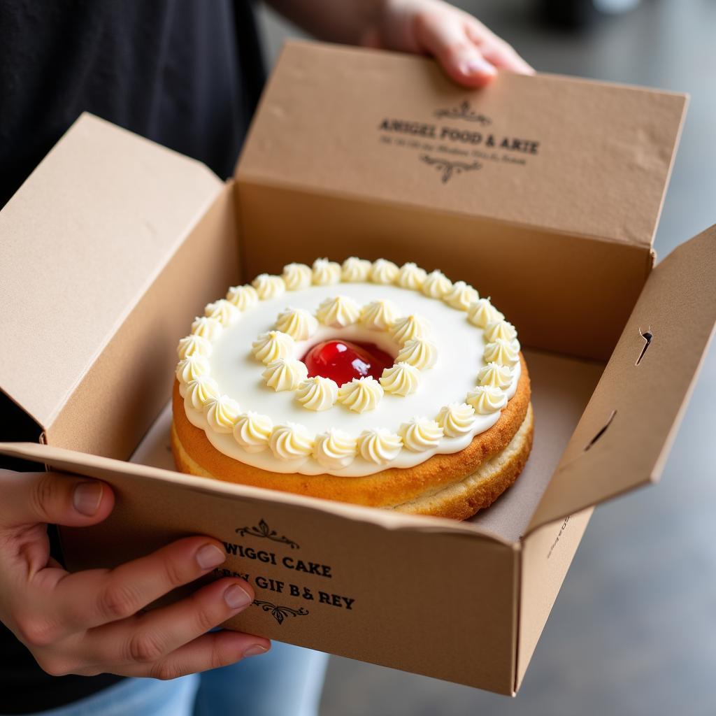 Angel food cake being delivered in a box