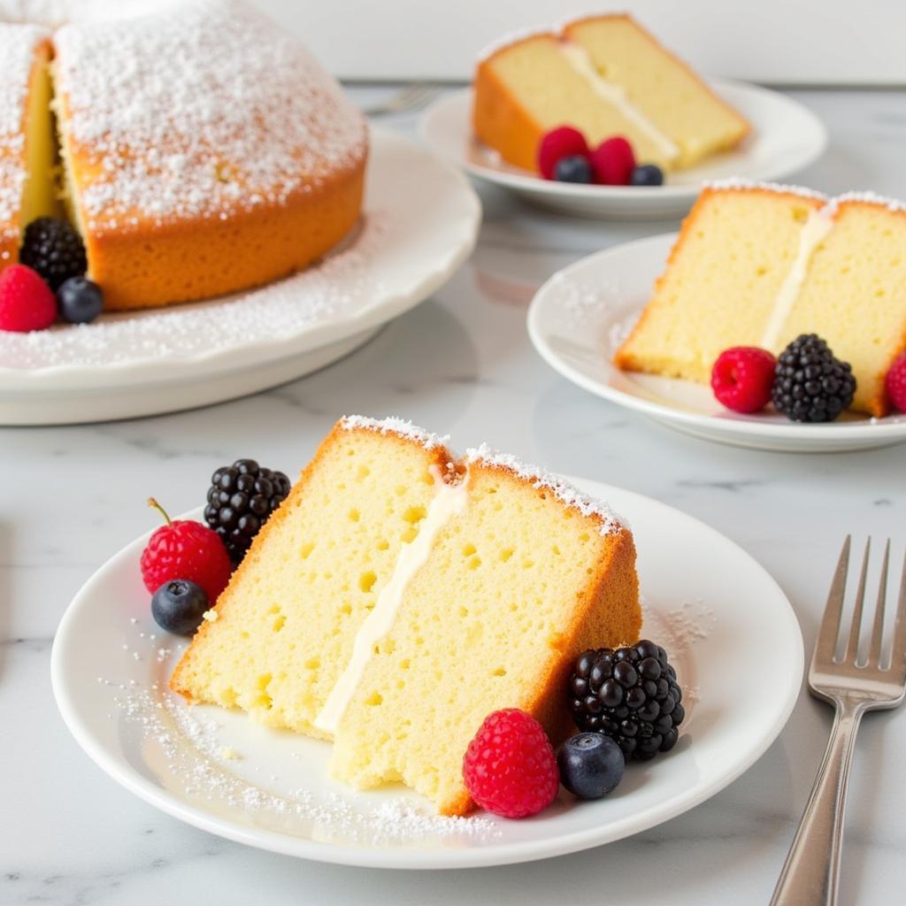 Slices of angel food cake served with fresh berries and a dusting of powdered sugar.