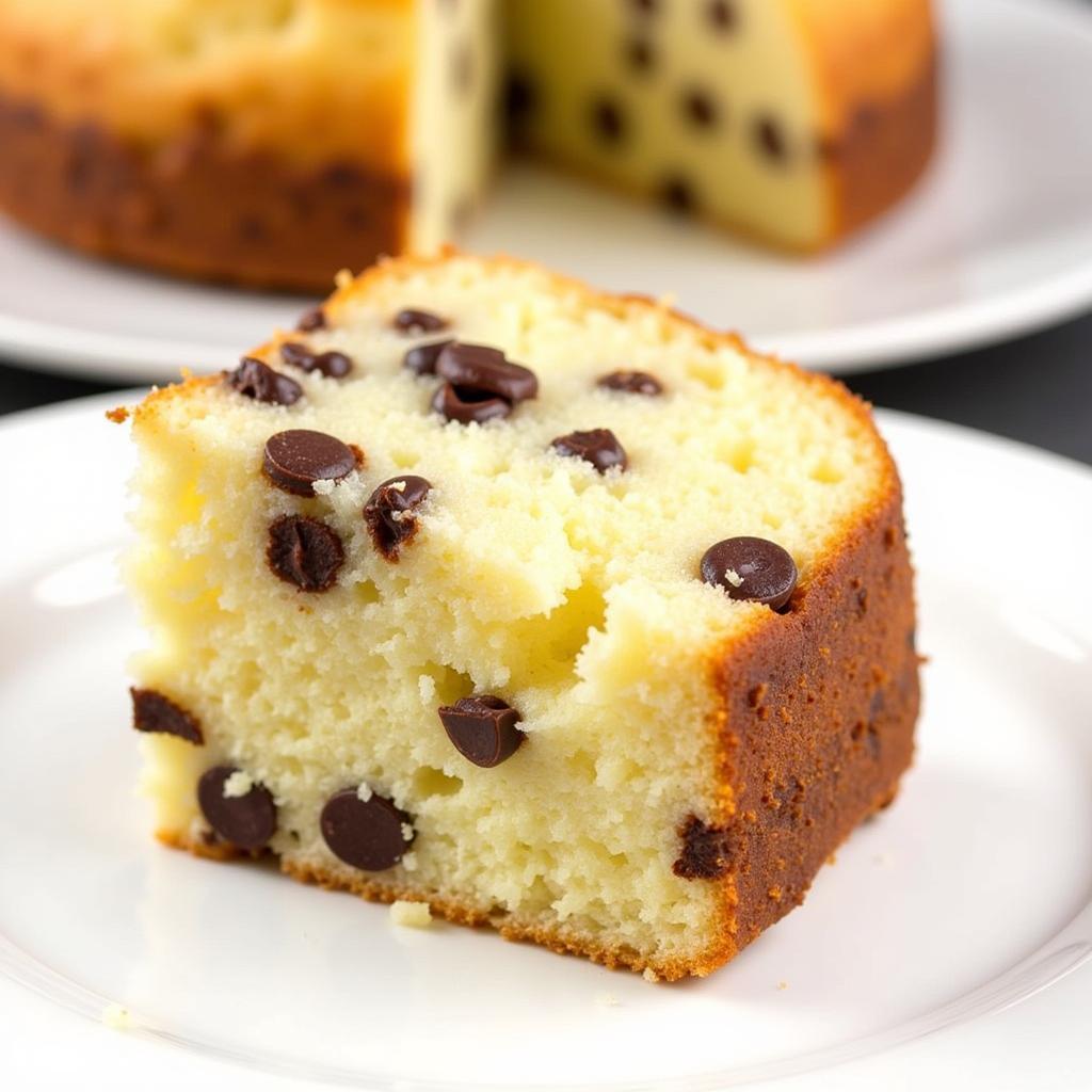 Close-up of a slice of angel food chocolate chip cake, showing the airy texture and distribution of chocolate chips.