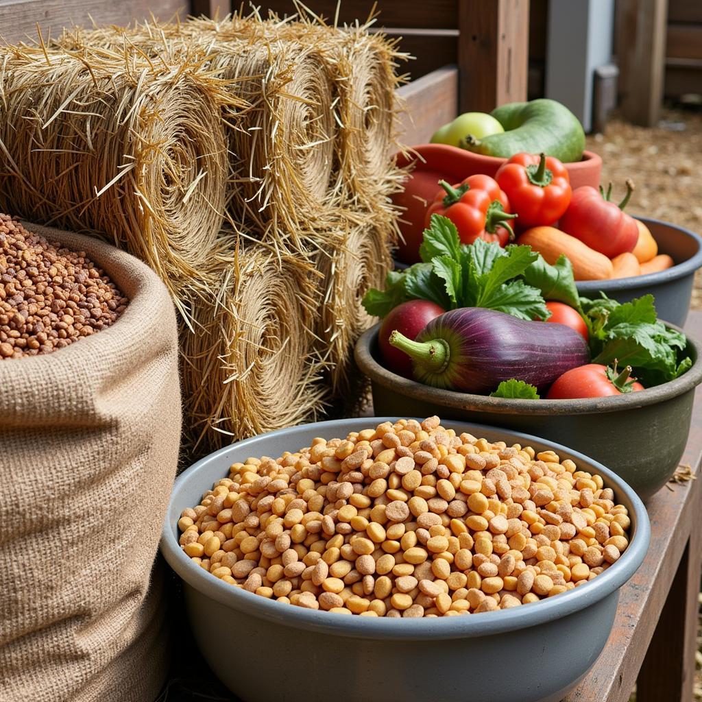 Different types of animal feed on a farm