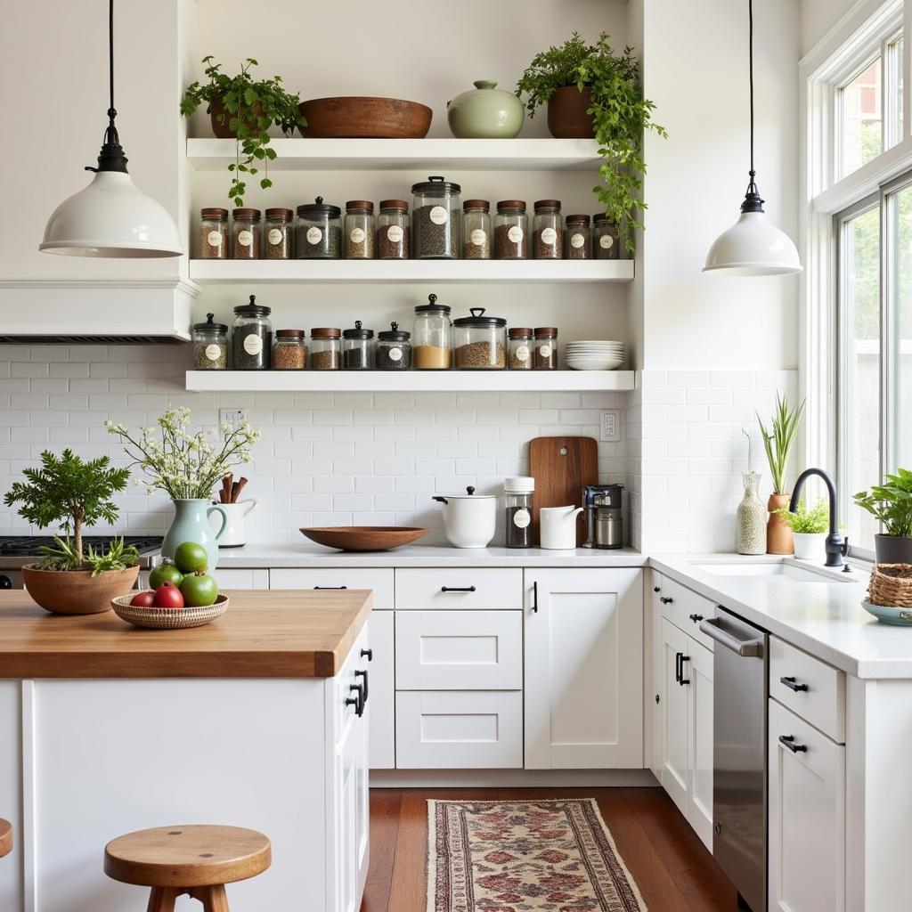 Antique food containers incorporated into a modern kitchen setting