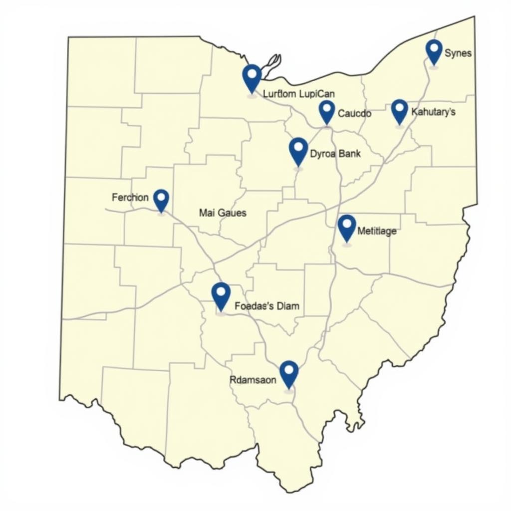 Map showing various food bank locations in Ashtabula, Ohio