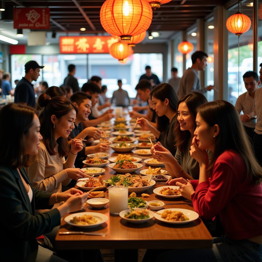 People enjoying a meal at an Asian food station.