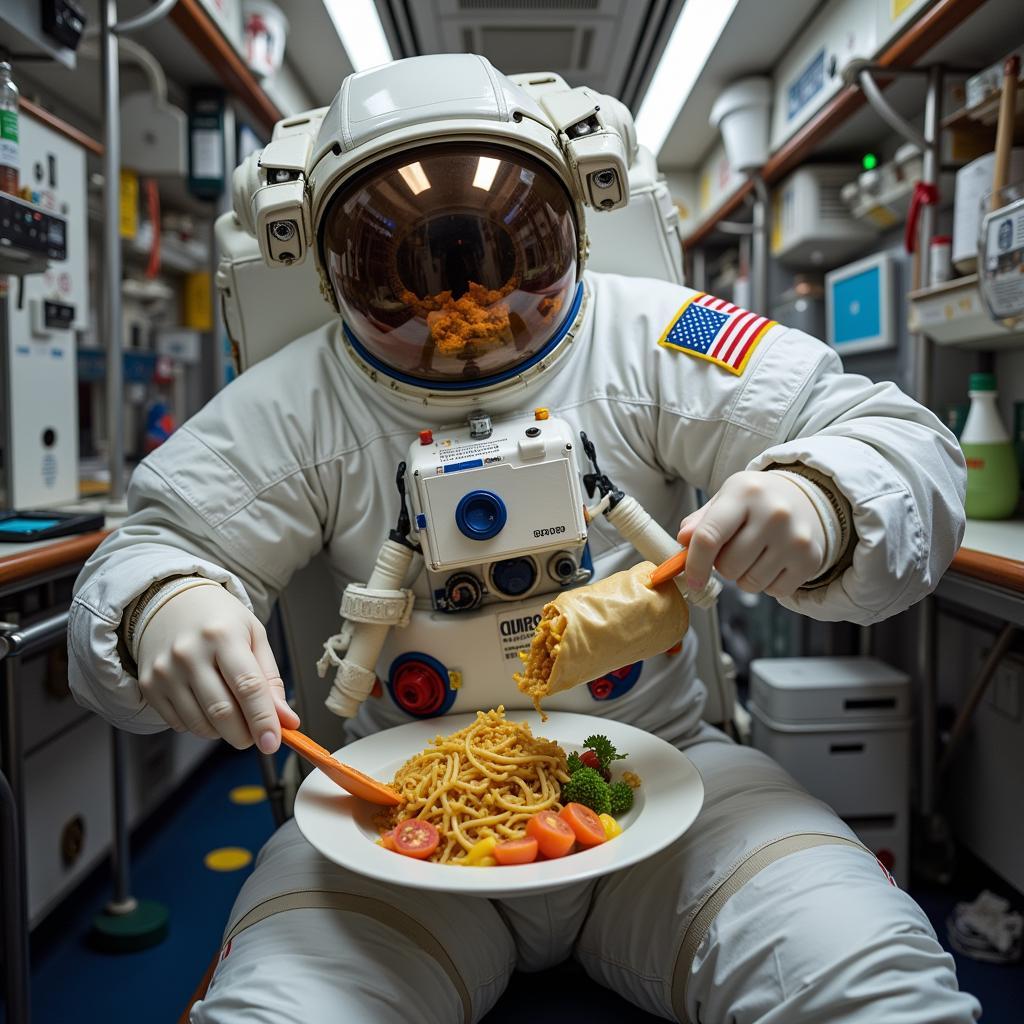 An astronaut enjoying a meal on the International Space Station.