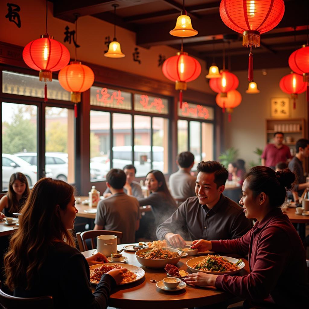 The interior of a bustling, authentic Chinese restaurant in Fairfax, VA, filled with diners enjoying their meals.