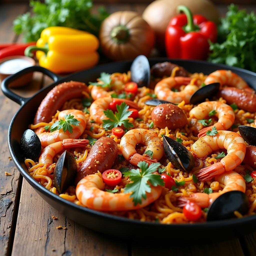 Close-up of fresh paella ingredients