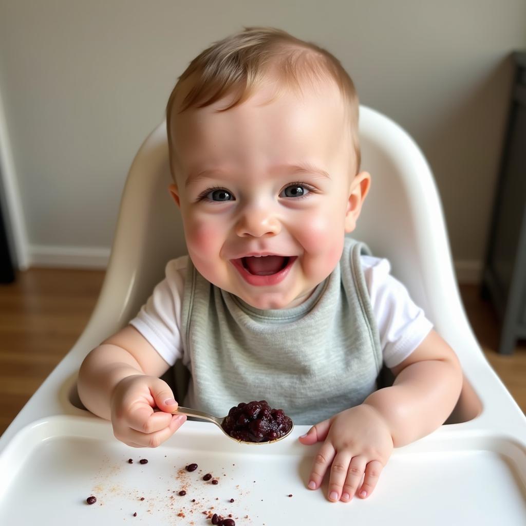 Happy baby enjoying black bean puree