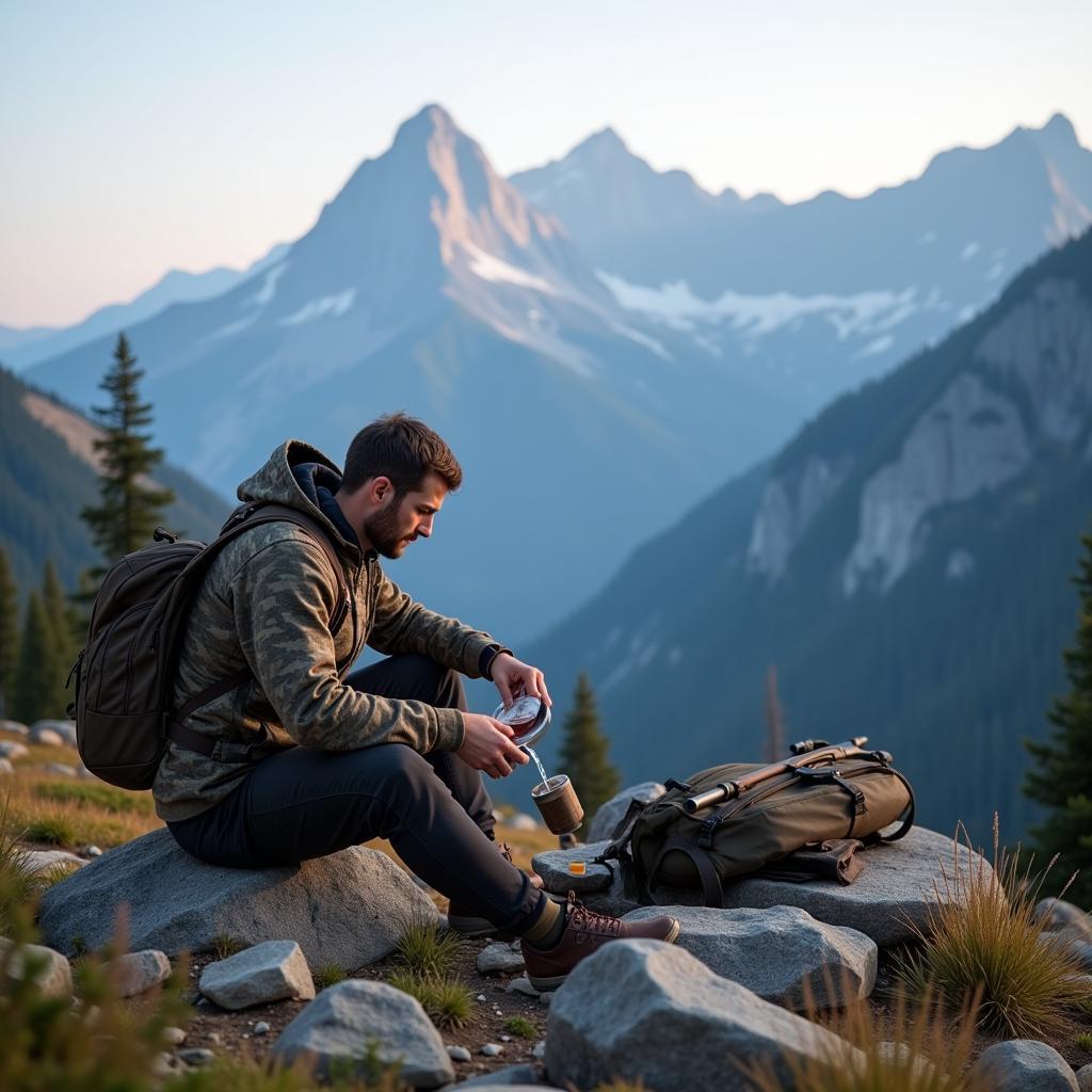 A hunter prepares a simple meal of freeze-dried food in his backcountry camp.