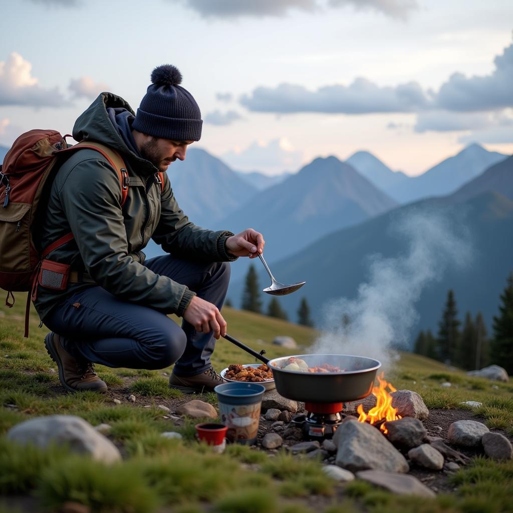 Backpacker cooking a meal on a portable stove