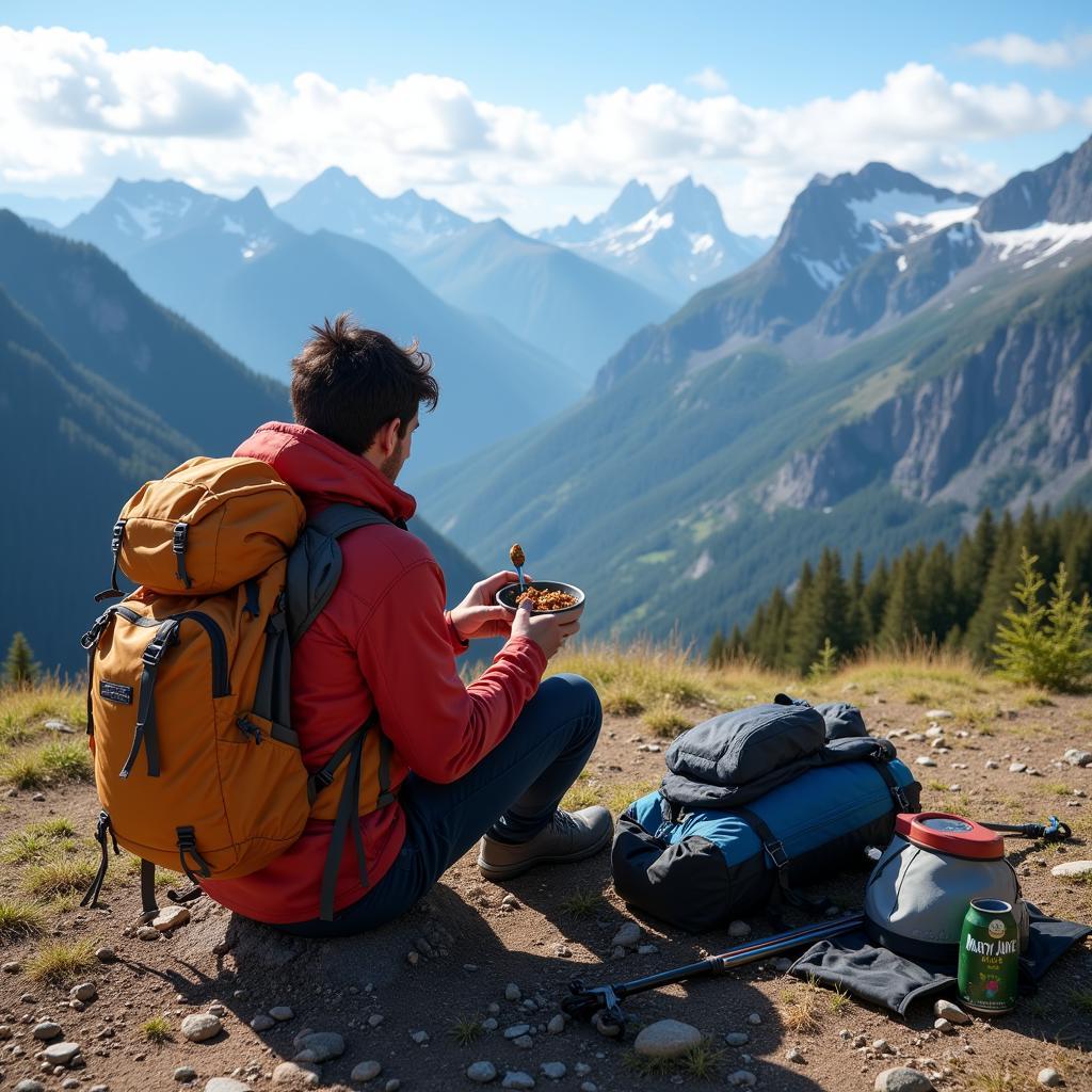 Backpacker Enjoying a Mary Jane Farms Meal on a Mountaintop
