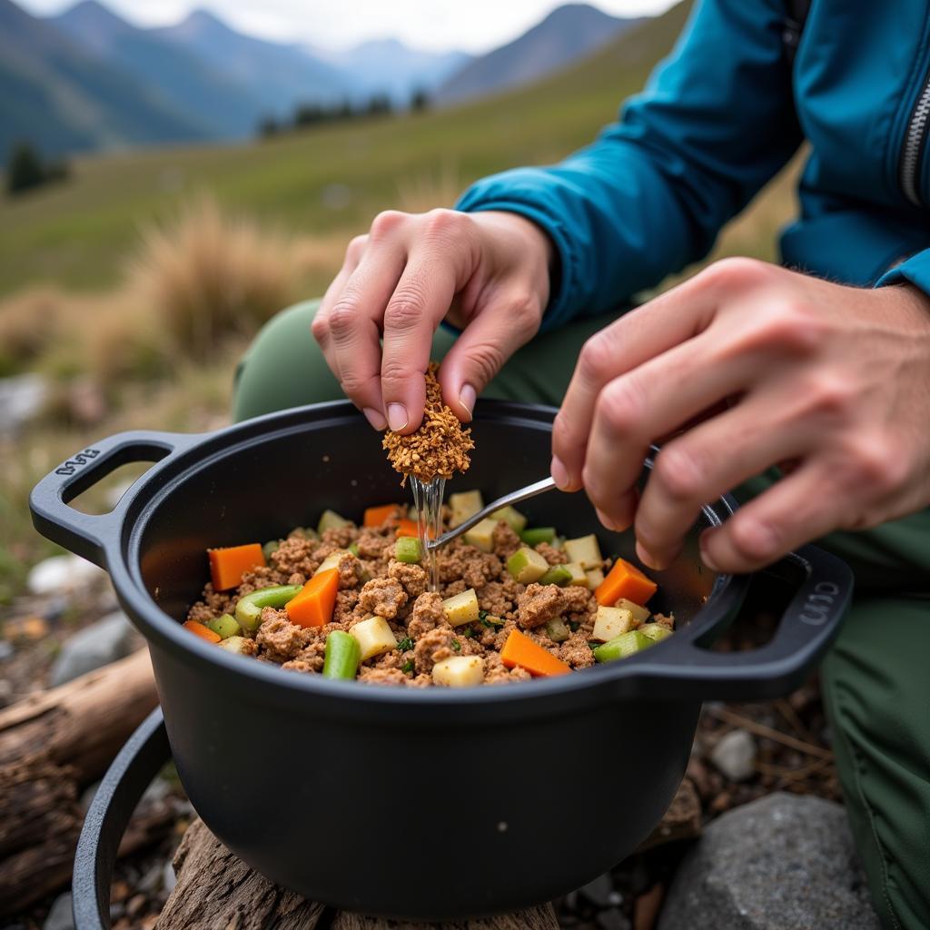 Preparing a backpacking meal with freeze-dried ingredients