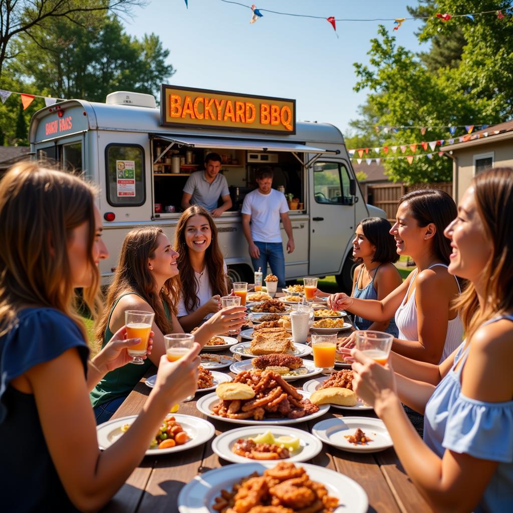 Backyard BBQ food truck catering a party with guests enjoying food and drinks