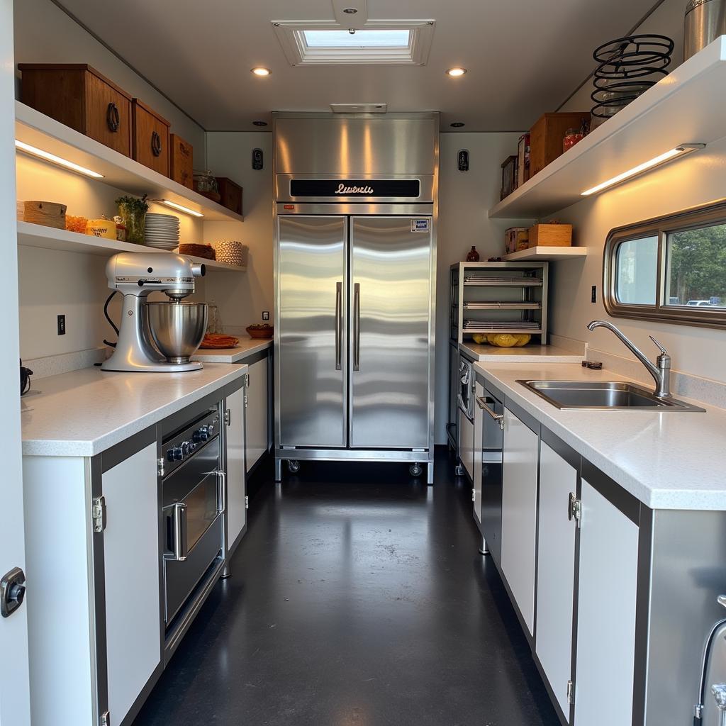 Essential baking equipment arranged inside a modern food trailer