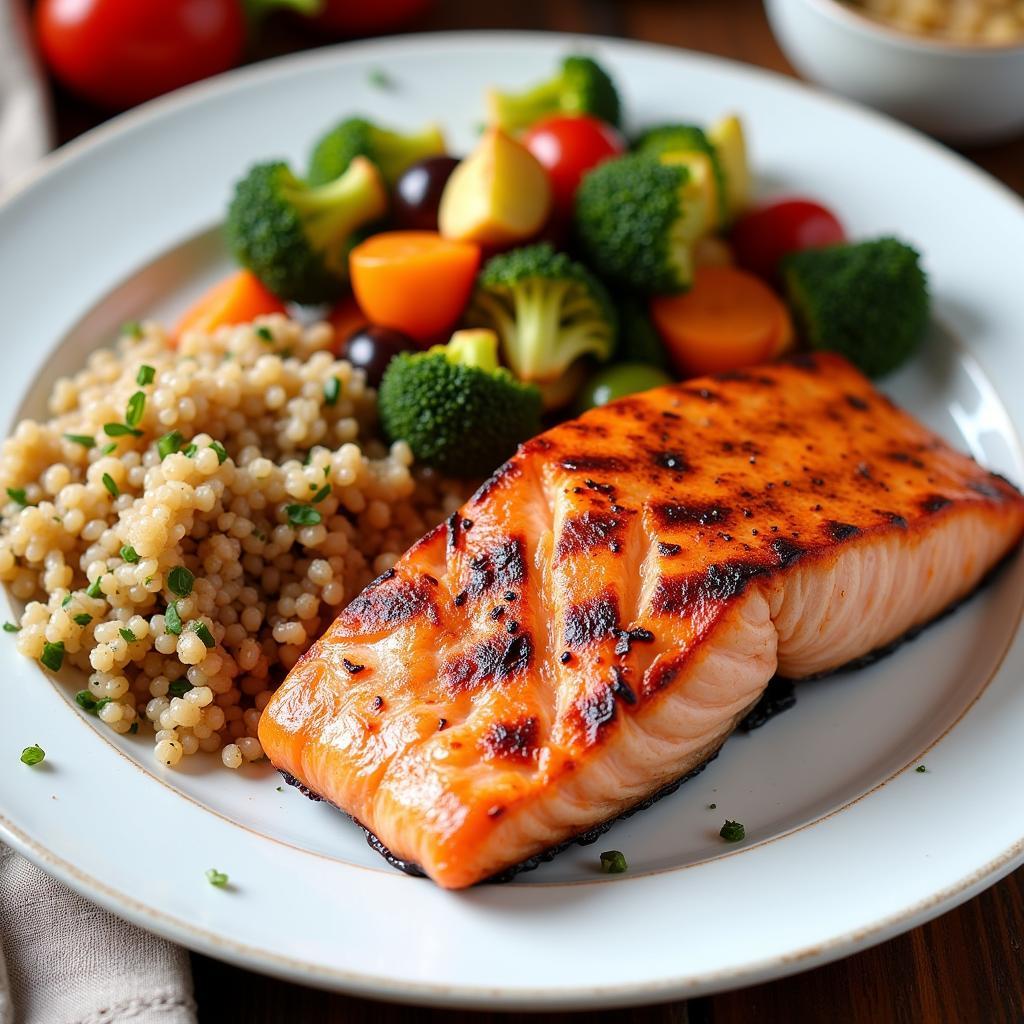 A balanced meal featuring grilled salmon, roasted vegetables, and quinoa.