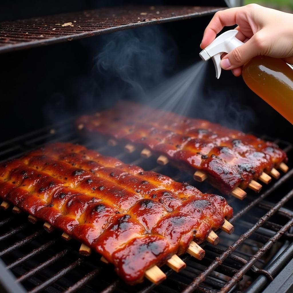 Spraying BBQ Ribs with a Food Grade Bottle