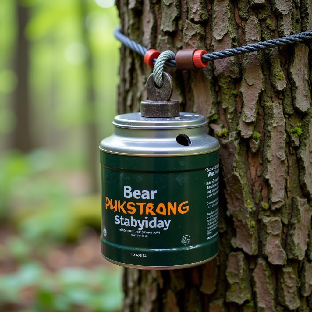 A bear-resistant food canister locked and secured to a tree