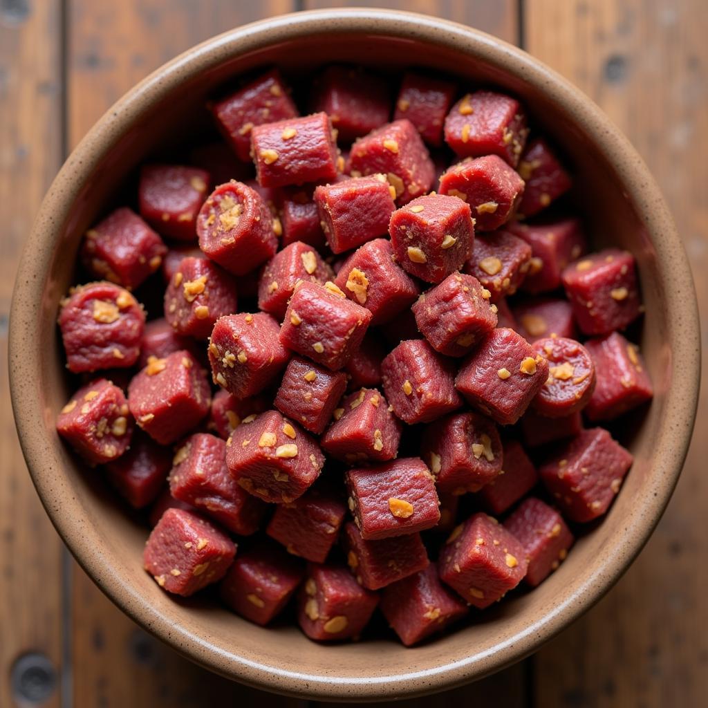 Close-up of a bowl of beef heart dog food