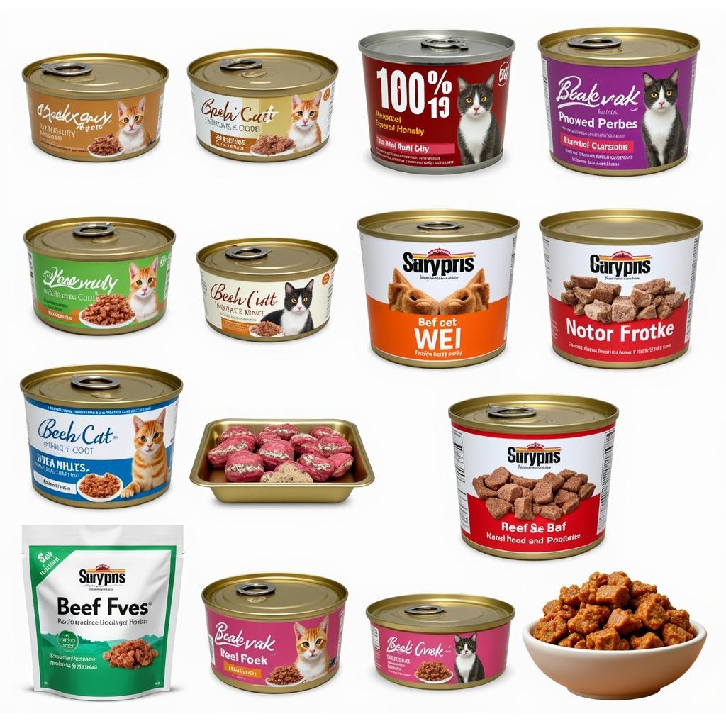 Various types of beef wet cat food in different packaging options