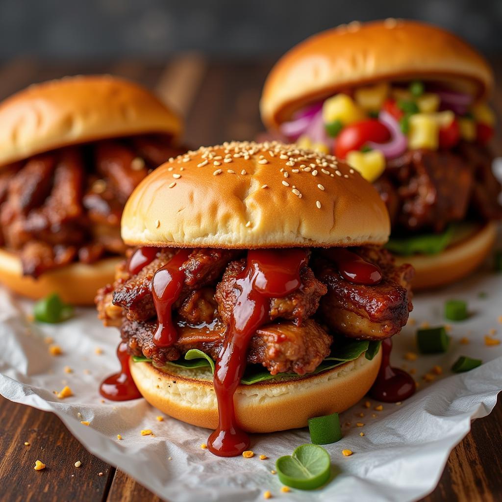 Close-up of a variety of beefy buns with different fillings and toppings.