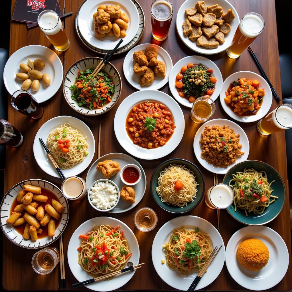 A table set with various Chinese dishes and different types of beer, ready for a pairing experience.