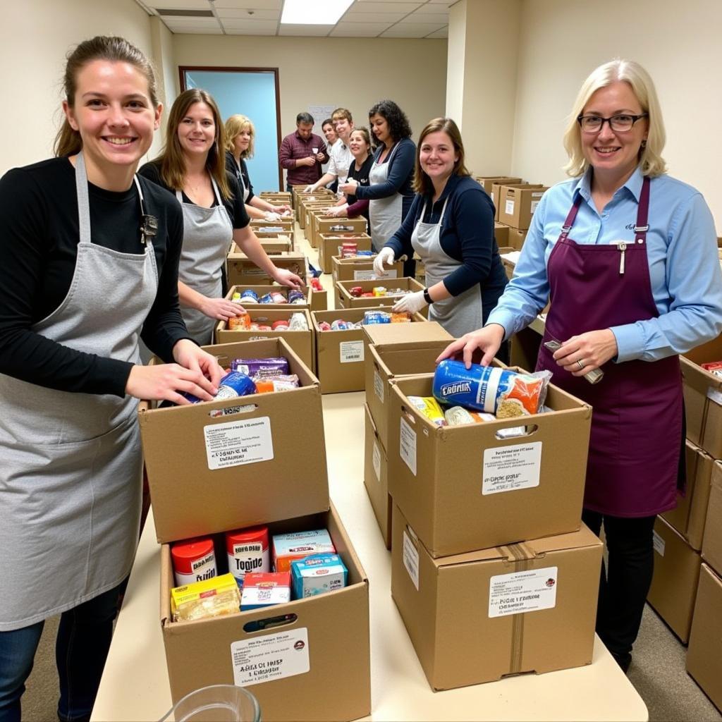 Volunteers at the Berean Christian Church Food Pantry sorting and packing food boxes