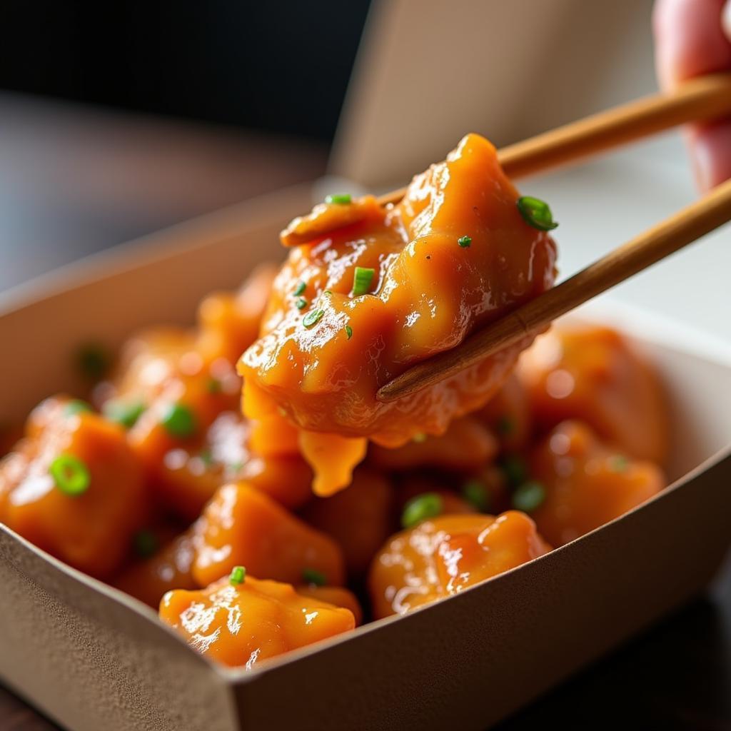 Close-up shot of chopsticks picking up a piece of General Tso's chicken from a takeout container, showcasing the deliciousness of Chinese food delivery in Castle Rock.