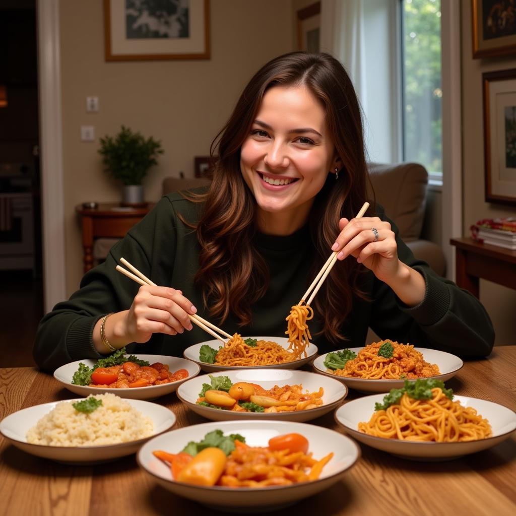 Discovering the best Chinese takeout options in Essex, MD: A customer happily enjoying their delivered meal.