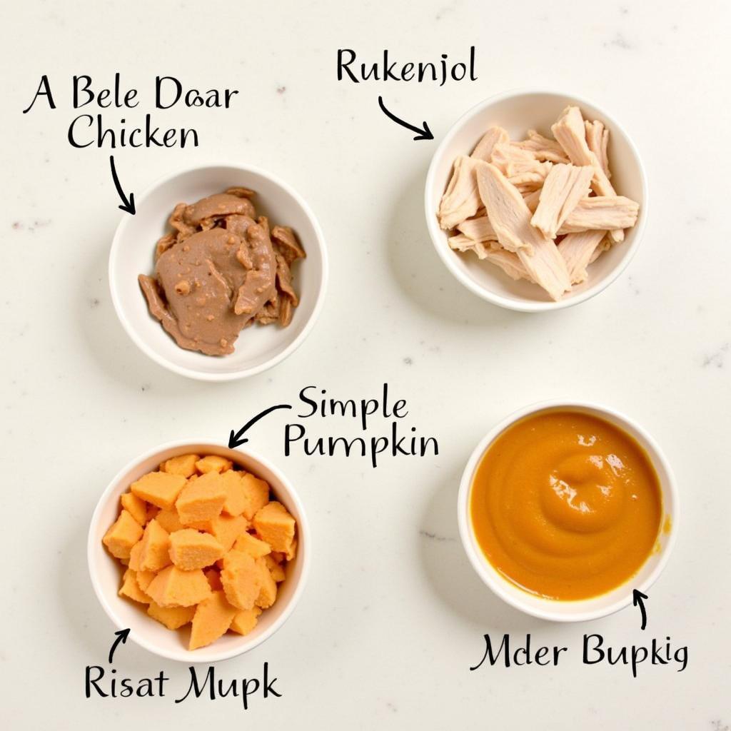 Variety of dog food toppers for sensitive stomachs, including boiled chicken, sweet potato, and pumpkin.