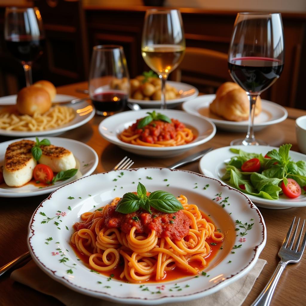 A table set with various Italian dishes and glasses of red and white wine.