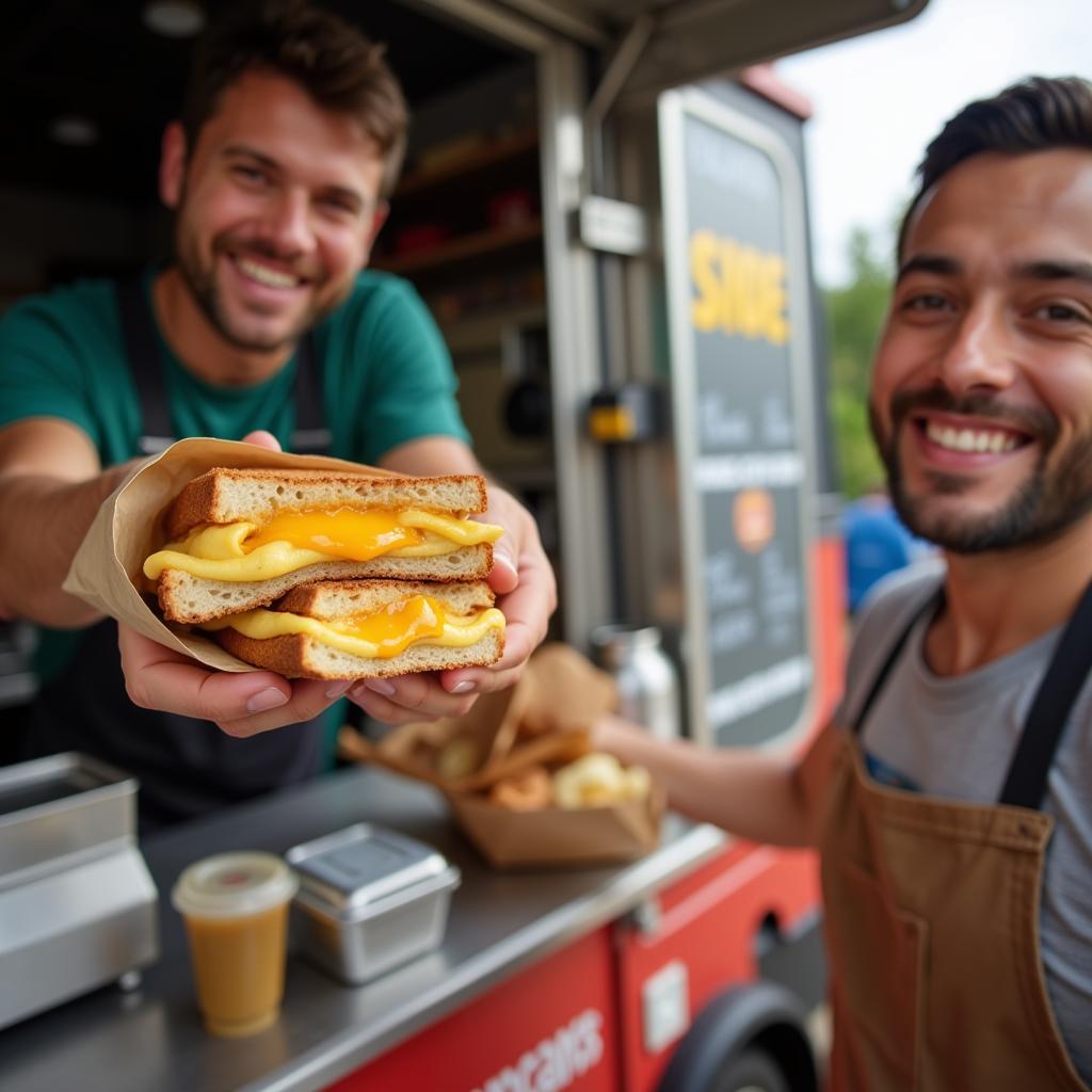 A food truck employee handing a customer a delicious-looking grilled cheese sandwich.