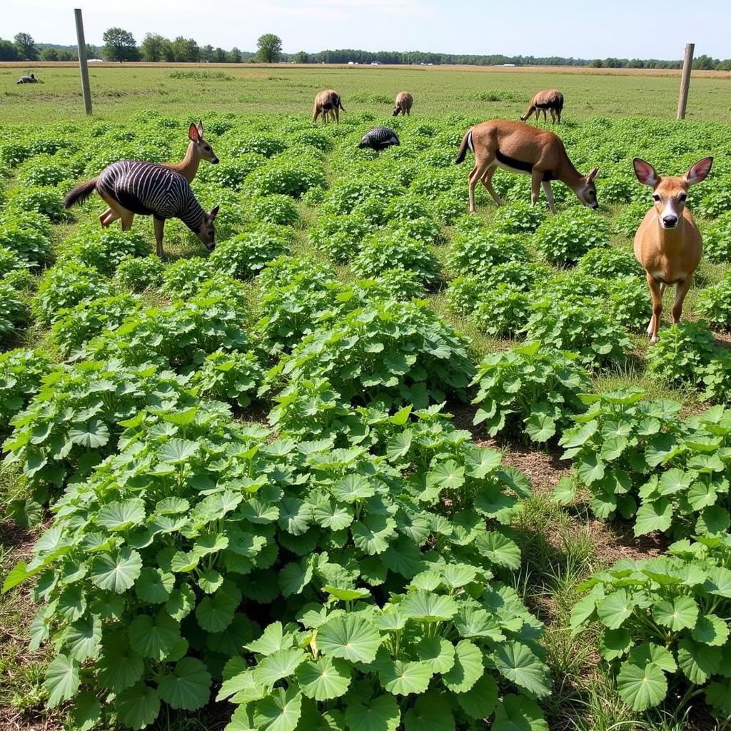 A wide shot of a thriving food plot with diverse vegetation, attracting various wildlife species.
