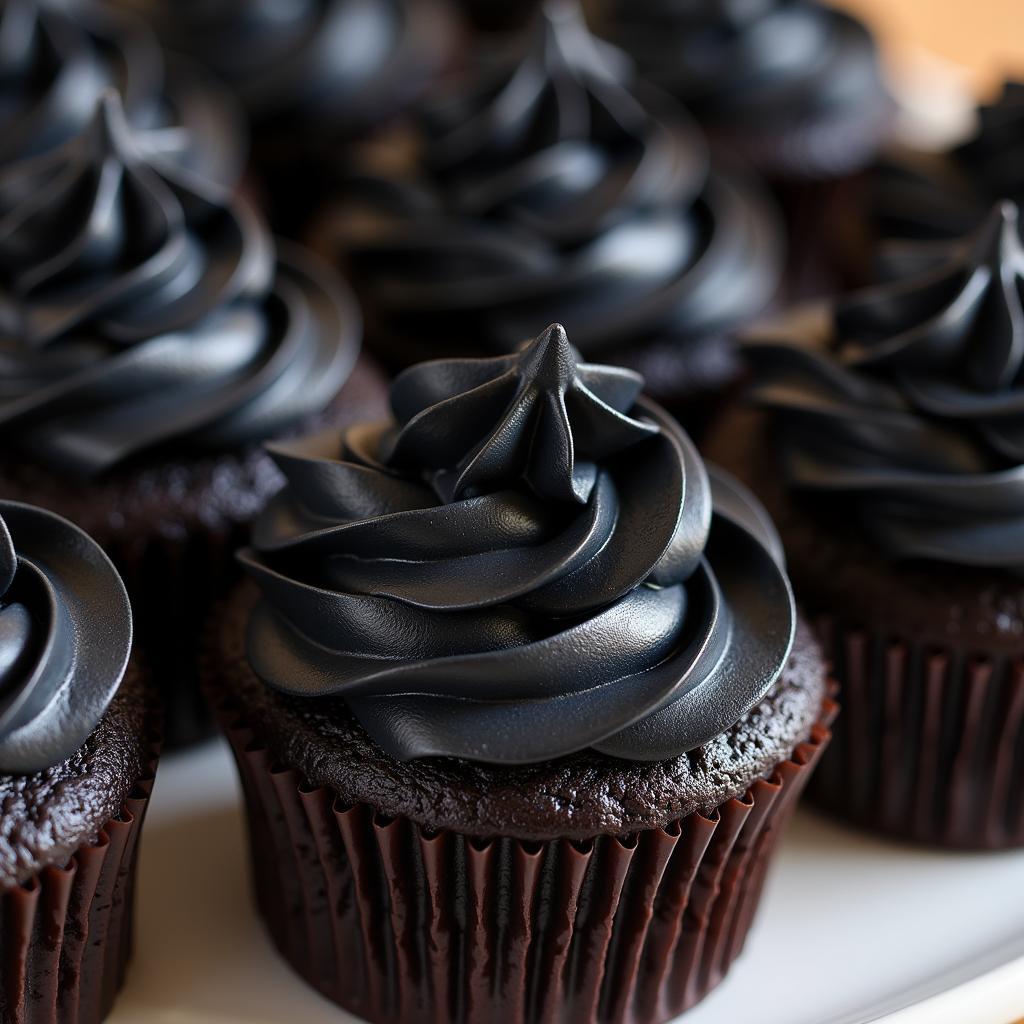 Black Iced Cupcakes with Elaborate Decorations