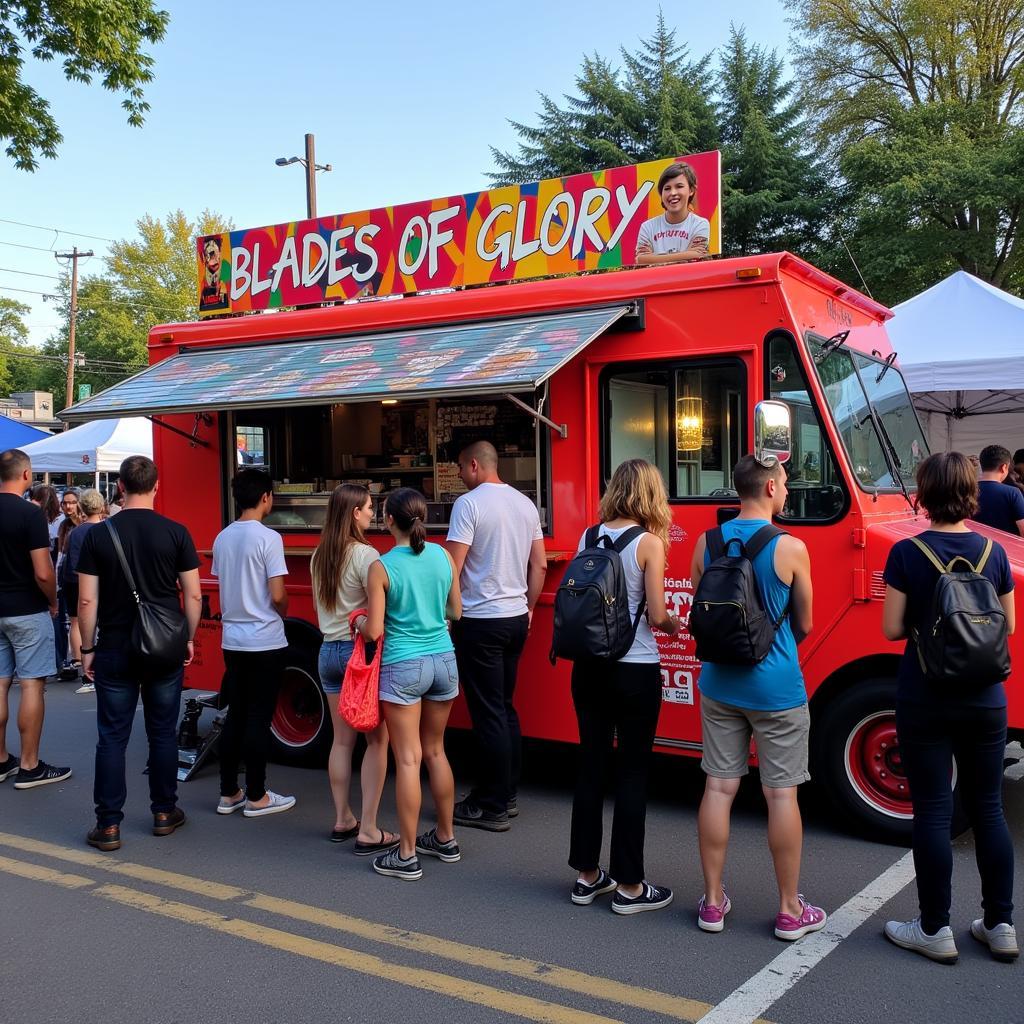 Blades of Glory Food Truck parked at a vibrant street food market, serving customers.