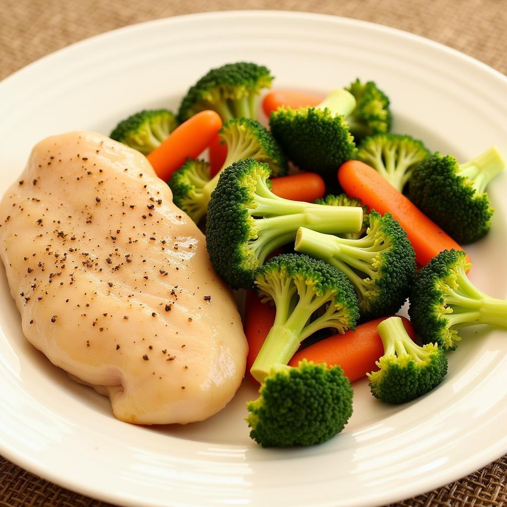 Bland chicken and vegetables on a plate.