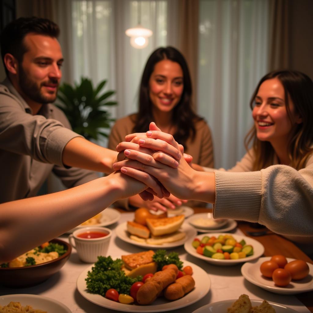 Family gathering for a meal, hands clasped in prayer before eating