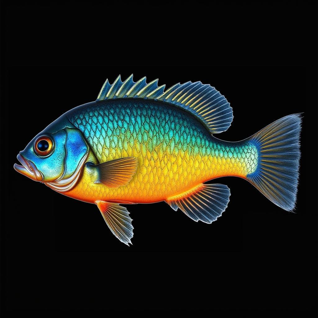 A close-up of a bluegill with vibrant, iridescent colors.